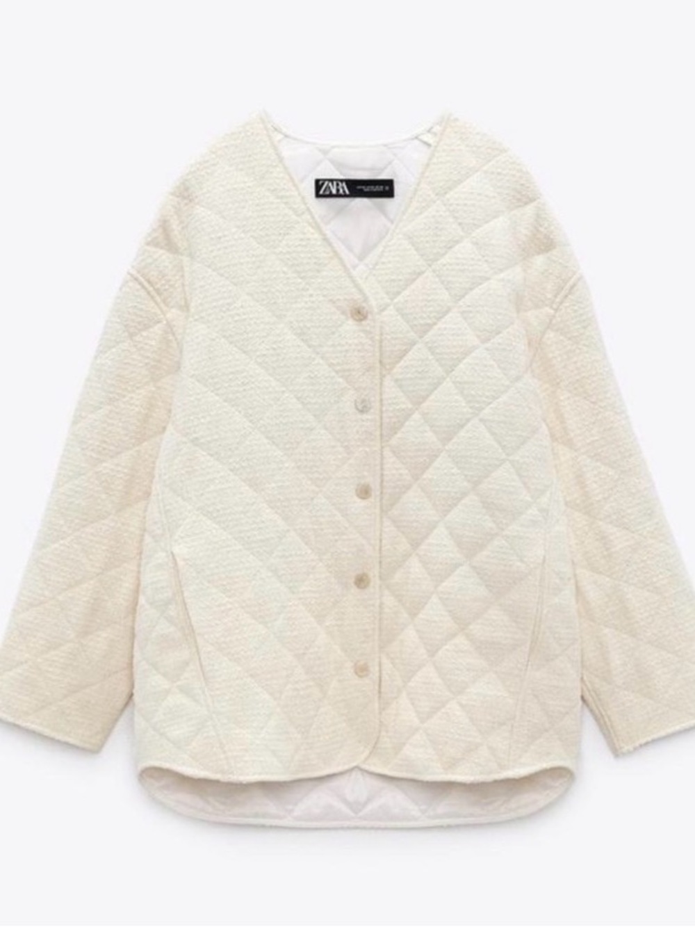 Zara Quilted Ecru Cream Jacket Gold Snap Button Woven Cotton Oversized Small S